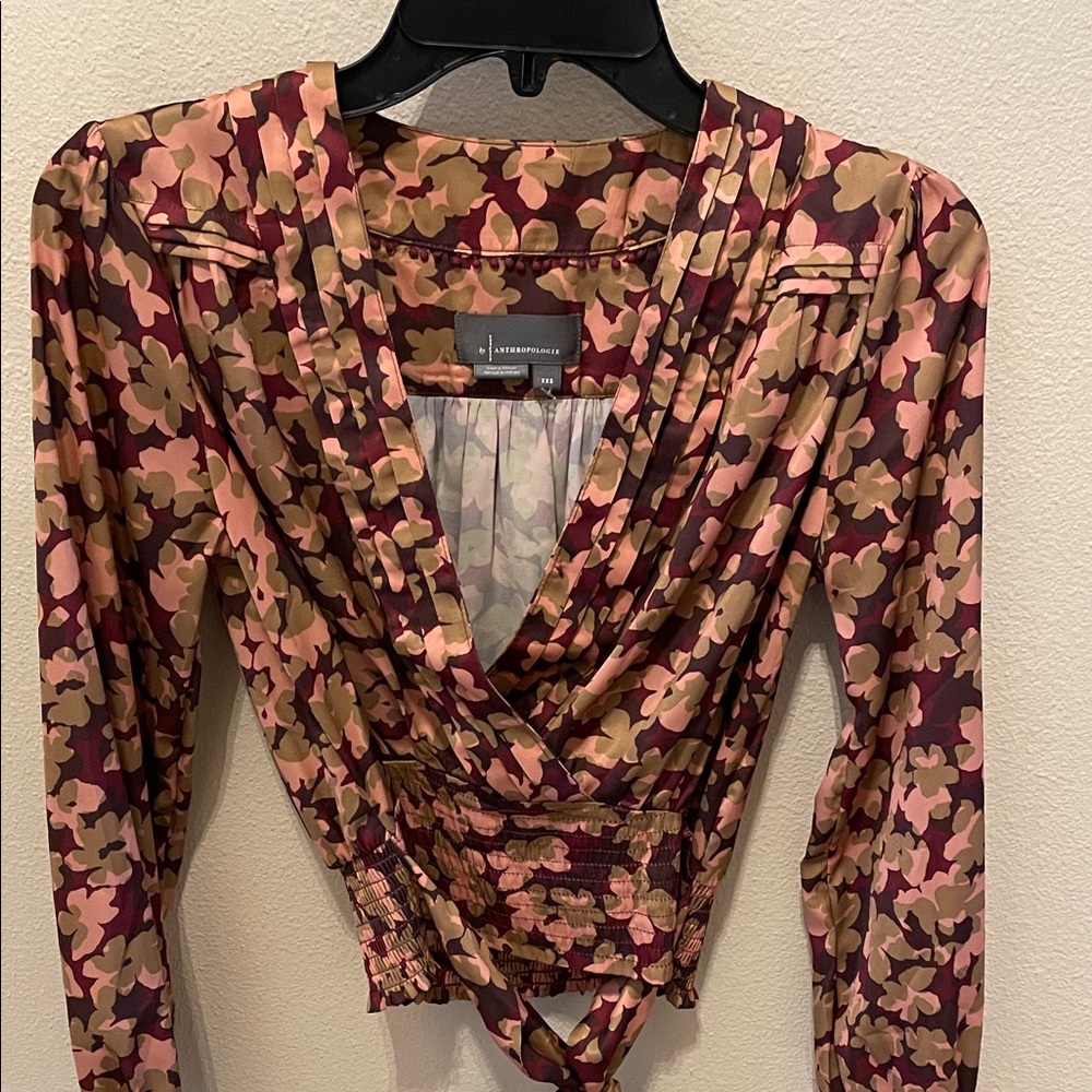 NWOT Anthropologie Burgundy Pink and Tan Floral Wrap Blouse XXS